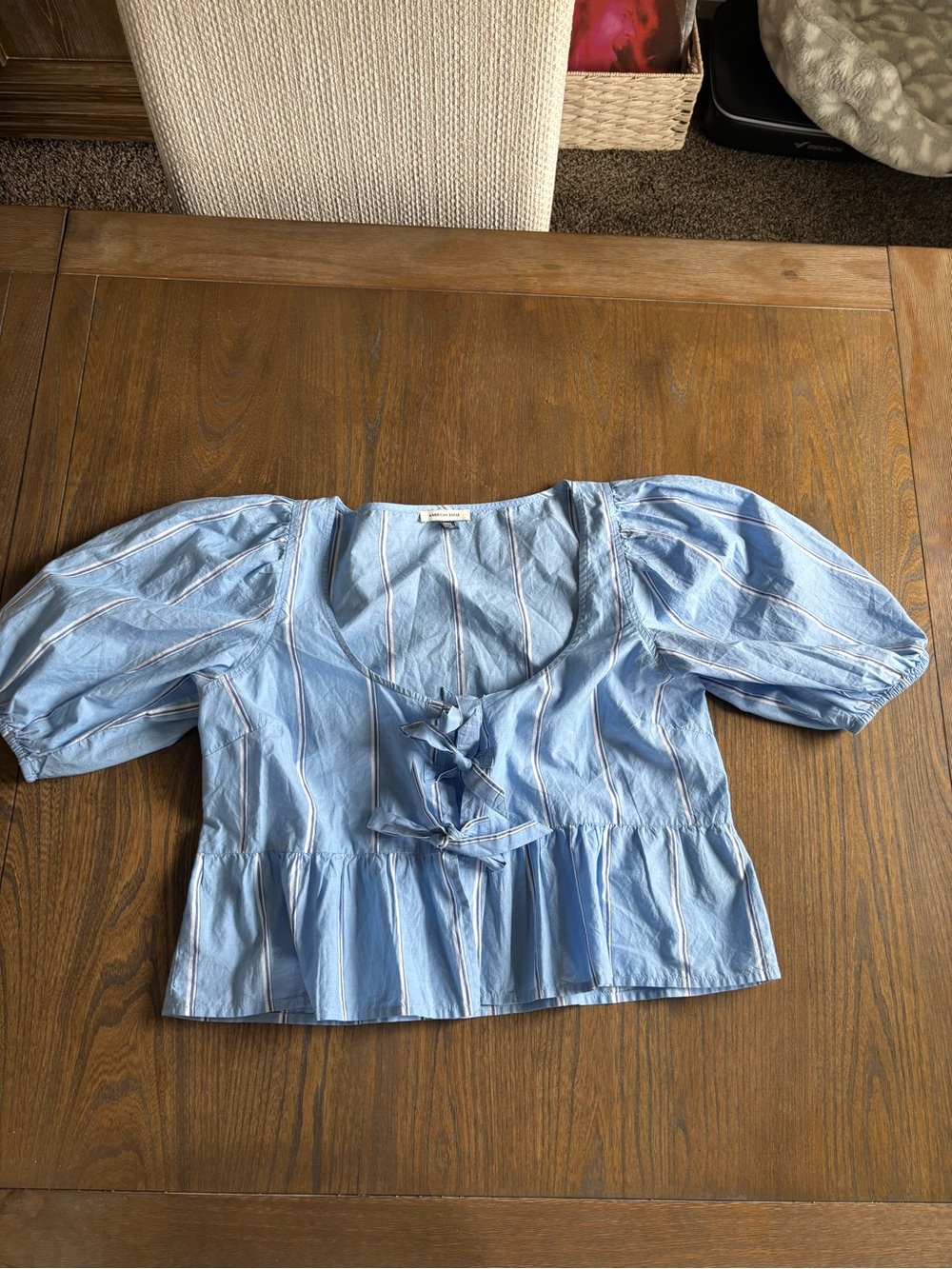 American Eagle Outfitters Light Blue Striped Puff-Sleeve Tie-Front Crop Top